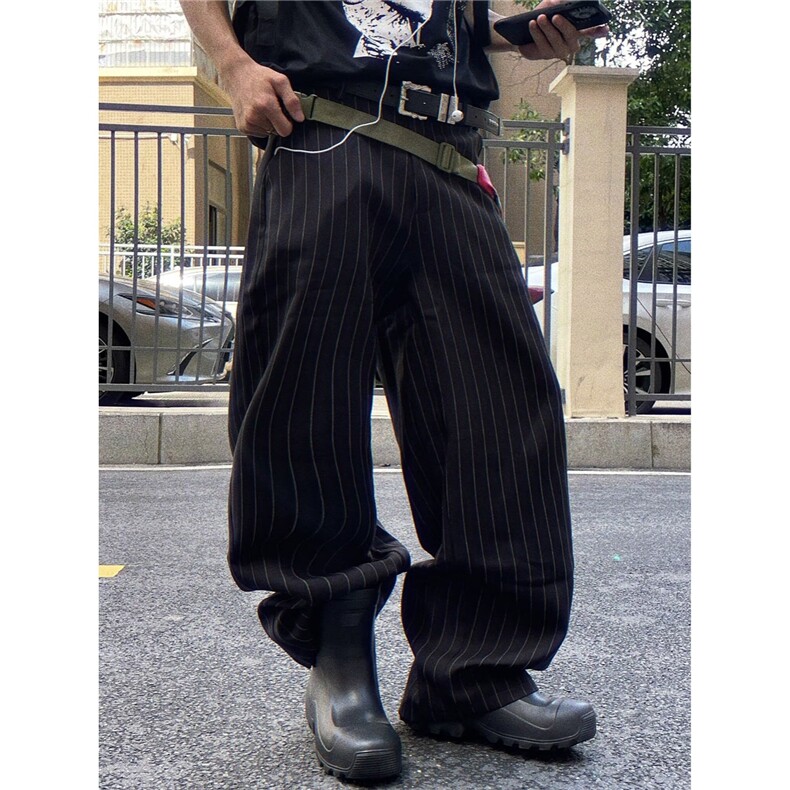 老钱风条纹色阔腿休闲裤男宽松直筒垂感拖地西裤1008-LB0211-P49，男装西裤，星座1008