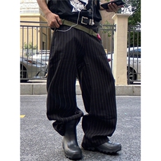 老钱风条纹色阔腿休闲裤男宽松直筒垂感拖地西裤1008-LB0211-P49，男装西裤，星座1008