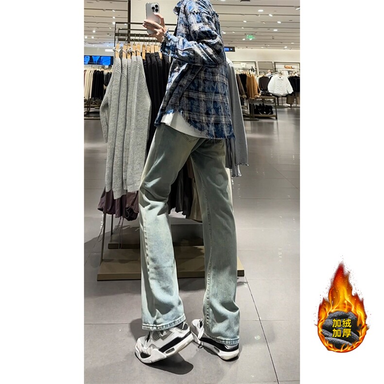 加绒加厚牛仔裤男秋冬季新款潮牌美式高街修身痞帅拖地微喇阔腿裤,男装牛仔裤,电商B221
