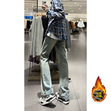 加绒加厚牛仔裤男秋冬季新款潮牌美式高街修身痞帅拖地微喇阔腿裤，男装牛仔裤，电商B221