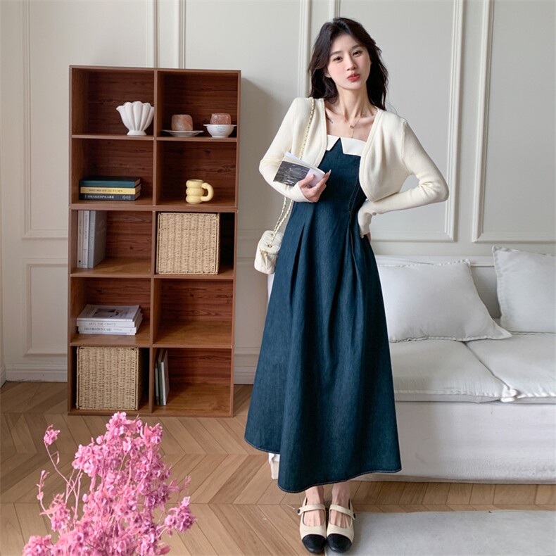 法式显瘦开衫吊带裙女2025春秋新款韩版收腰牛仔连衣裙，女装连衣裙，多米2-075