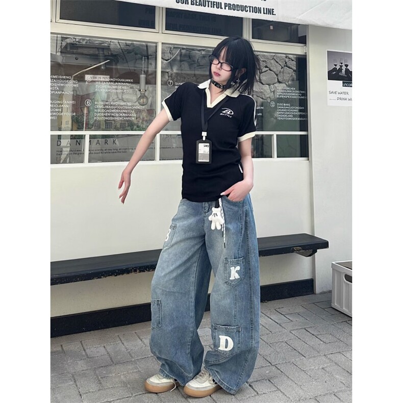 多口袋设计解构直筒牛仔裤男女微喇夏季美式街头水洗宽松弯刀裤子,男装牛仔裤,星座1210-1