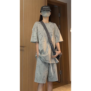 美式休闲套装短袖短裤圆领宽松炸街两件套T3715特P37/DK8702特P35图片