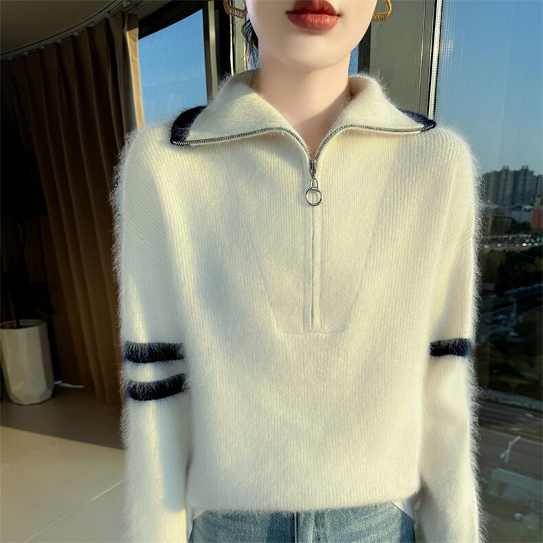 2025秋冬百搭时尚简约翻领长袖条纹针织衫，女装针织衫/毛衣，冬贝尔貂绒