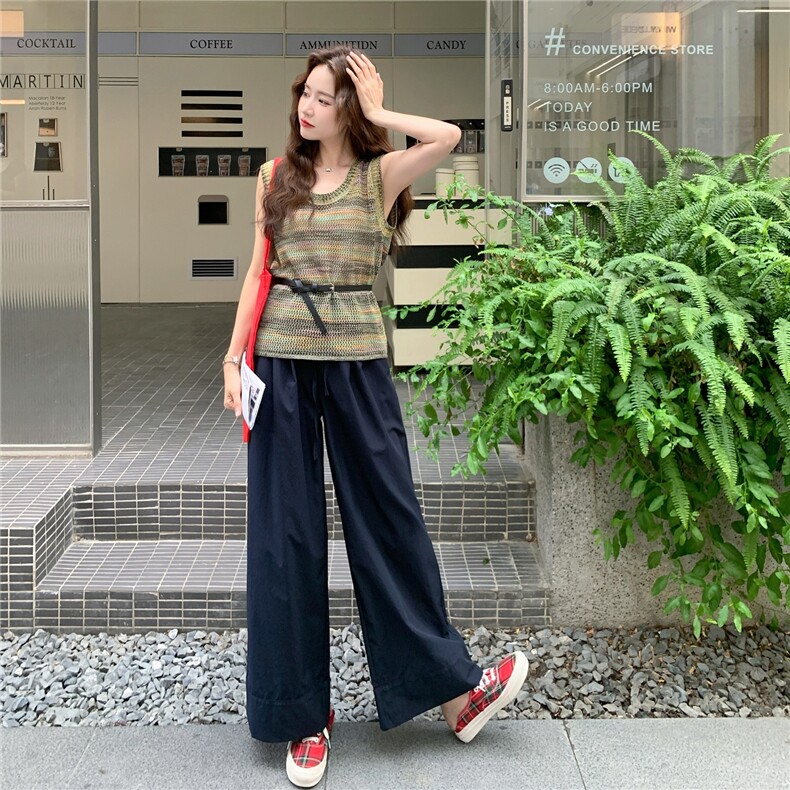 韩系穿搭一整套女2025夏季新款复古彩色针织马甲阔腿裤显瘦两件套,女装套装/套裙,2C098