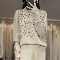 POLO领中长款100%纯羊毛衫女手工刺绣钩花长裙宽松羊绒衫针织打底，女装羊毛衫，江南羊绒