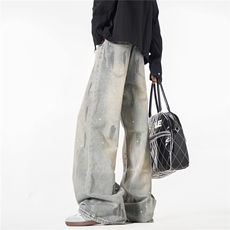 D801复古水洗做旧灰色泼墨弯刀牛仔裤男女潮牌美式街头宽松裤子，男装牛仔裤，星座308A-1（原309B-1）