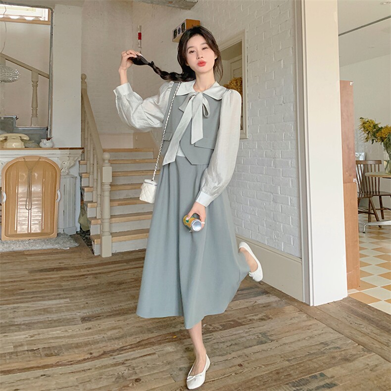 时尚蝴蝶结假两件连衣裙女春季2025新款韩系温柔风设计感长裙子，女装连衣裙，灵力轩