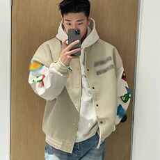 美式复古毛巾绣拼色棒球服男女款秋季潮牌宽松情侣百搭夹克外套，男装夹克，星座715-4