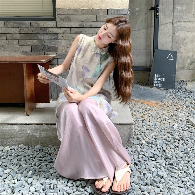 新中式国风套装女2025夏季新款印花立领无袖上衣休闲阔腿裤两件套,女装套装/套裙,2C266