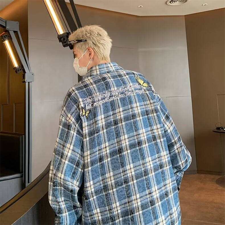 美式高街做旧刺绣衬衫外套男女格子潮牌春秋长袖衬衣CY1019-P47,男装衬衫,星座412-2