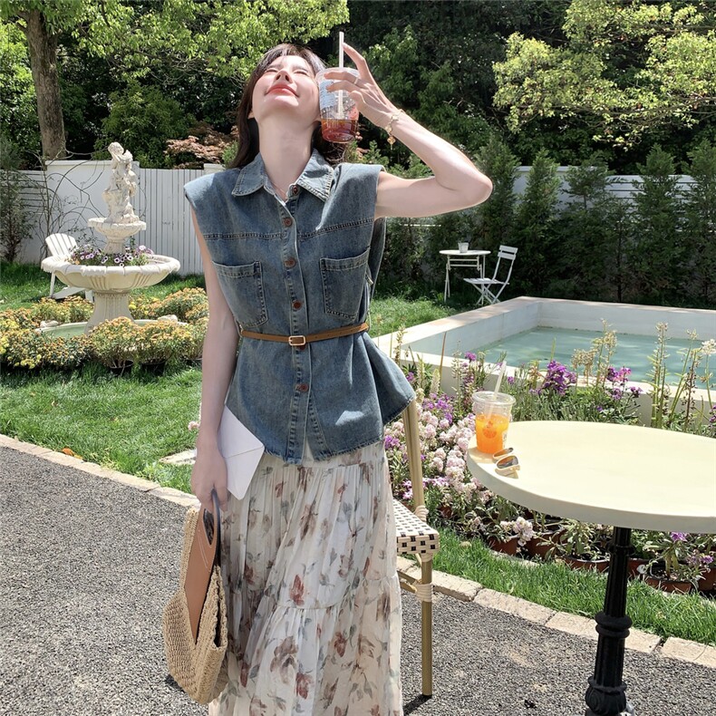 港风复古牛仔衬衫碎花半身裙套装女夏2025新款独特漂亮两件套爆款,女装连衣裙,维壹