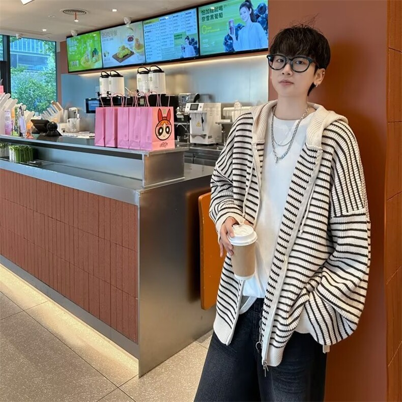 甜美条纹慵懒宽松学院连帽厚实毛衣外套长袖拉链常规开衫ins7068,男装针织衫/毛衣,星座506