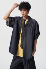 8XL-M夏季简约高级感冰丝牛仔古巴领男休闲痞帅宽松套装潮TZ109，男装休闲套装，电商D206-1