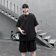 夏季休闲套装男美式潮牌运动痞帅双拉链设计感宽松短袖短裤两件套，男装休闲套装，星座410-7