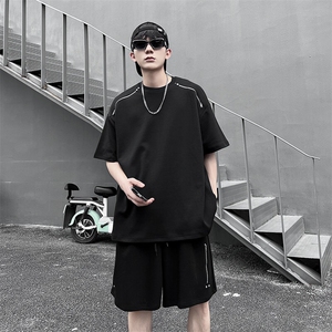 夏季休闲套装男美式潮牌运动痞帅双拉链设计感宽松短袖短裤两件套图片