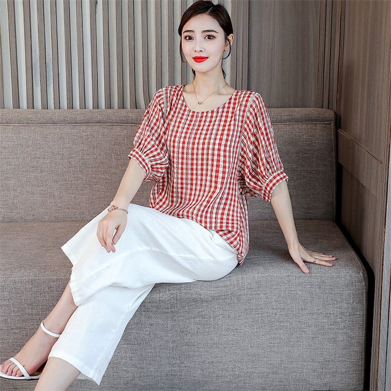 夏季新款配高腰阔脚裤纯色套装条纹圆领T恤2021新款,女装套装/套裙,妃曼