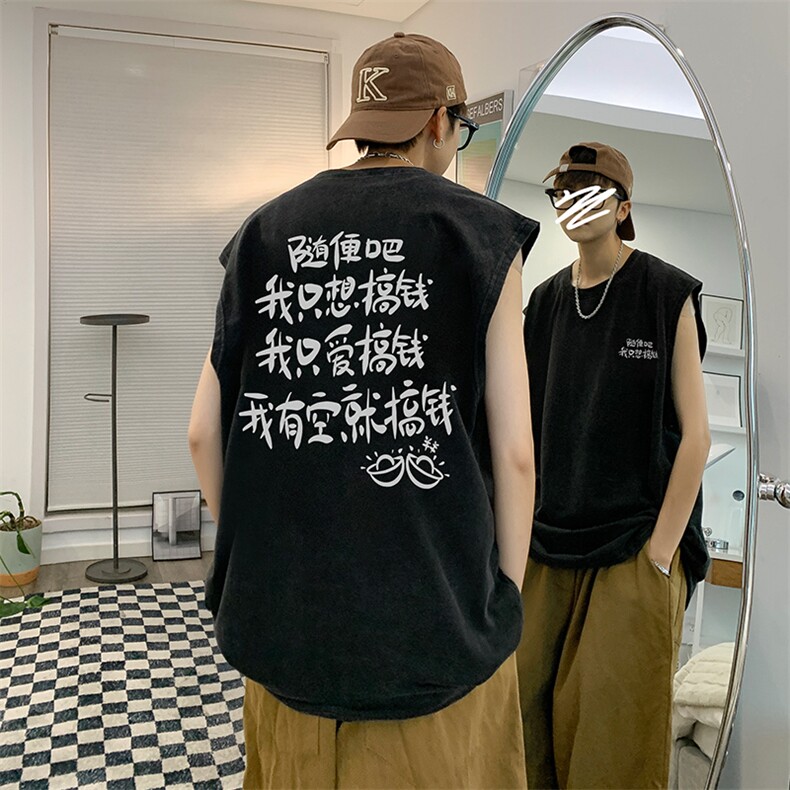 抖音供货、230克现货水洗棉印花宽松版无袖背心 D223A-SB2313-P35图片