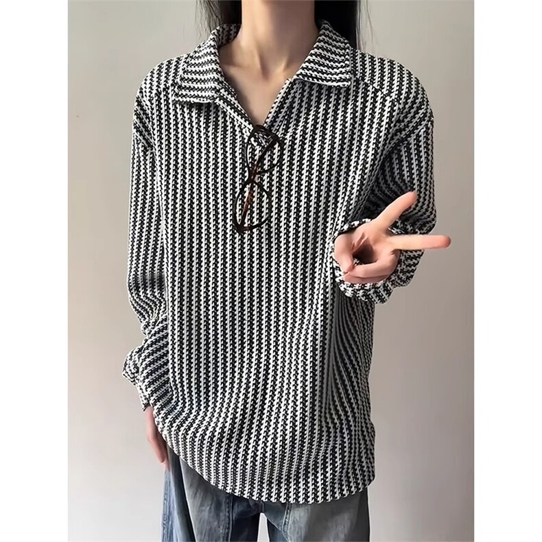 鱼骨纹polo衫卫衣男高级感黑白条纹长袖t恤美式内搭打底衫AWY31,男装T恤,星座516A