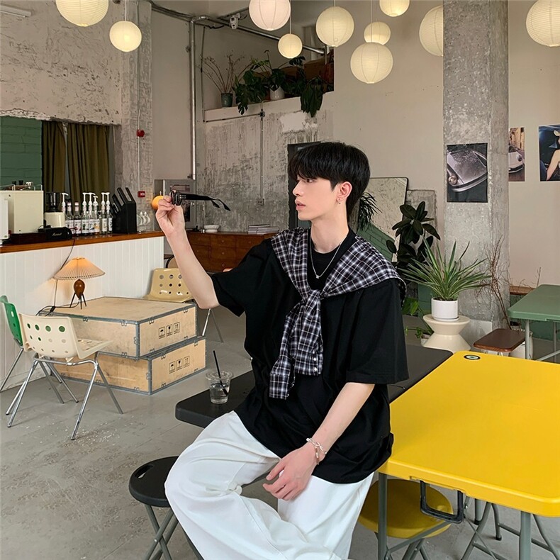 韩版假两件小众设计格子披肩T恤夏季2025新宽松男女同款情侣上衣，男装T恤，星座1210-1