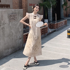 新中式国风俏皮连衣裙女2025夏季新款宽松显瘦减龄飞飞袖碎花长裙，女装连衣裙，秋水欣儿