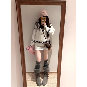 民族风花瓣费尔岛宽松慵懒感开衫立领毛衣男女同款秋冬季针织外套图片