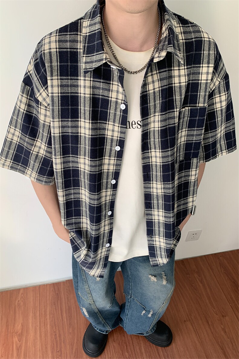 特批P25无差价夏季新款时尚格子翻领短袖百搭宽松衬衫男CD5504,男装衬衫,电商A001-1