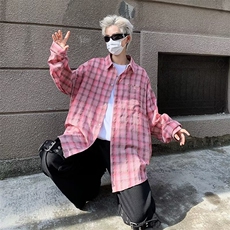 格子衬衫男女同款ins潮牌宽松痞帅长袖格纹衬衣C126-P40，男装衬衫，星座1109-3