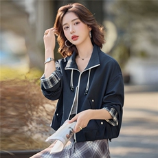 时尚休闲立领抽绳短外套女2025秋季格纹袖口拼接宽松显瘦夹克上衣，女装短外套，沁沁公主