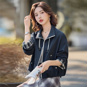 时尚休闲立领抽绳短外套女2025秋季格纹袖口拼接宽松显瘦夹克上衣图片
