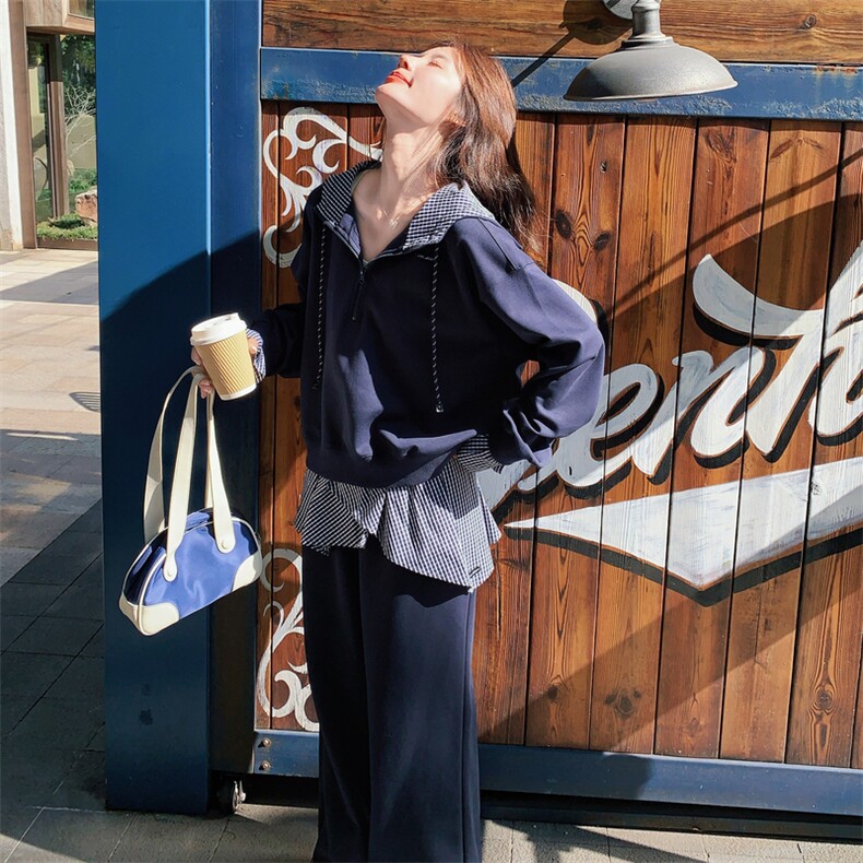 韩系运动风格纹拼接藏蓝色连帽卫衣卫裤套装2025年秋季新款假两件,女装套装/套裙,2C198