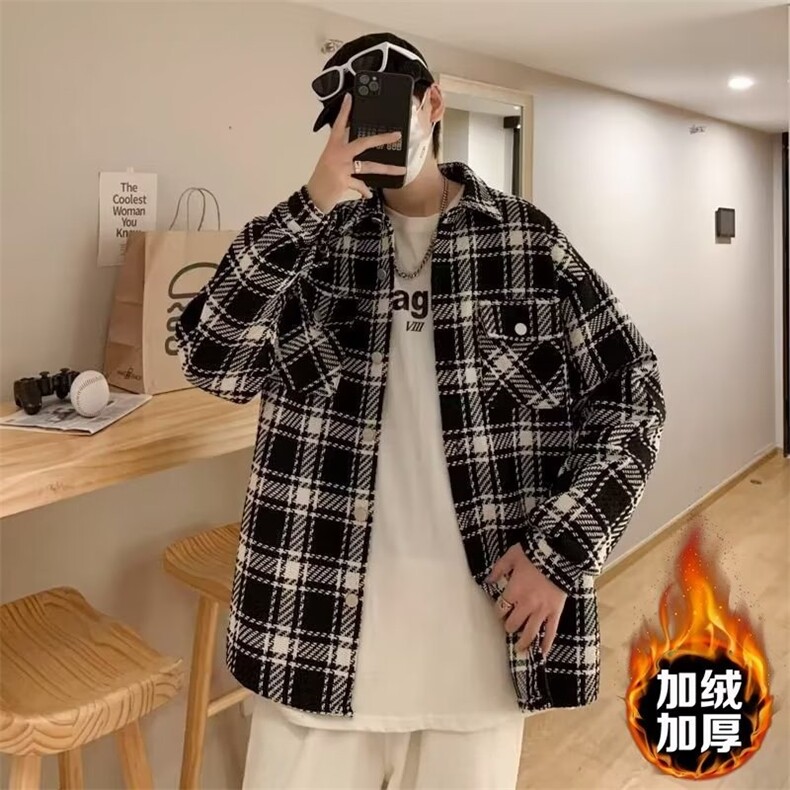 现货男士格子外套男秋冬款加绒加厚青少年潮牌男装2026新款千图片