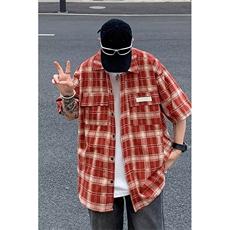 衬衫男韩版潮流短袖格子贴标个性2023夏季新款ins外套CS0588-P43，男装衬衫，星座308B-1