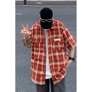 衬衫男韩版潮流短袖格子贴标个性2023夏季新款ins外套CS0588-P43图片
