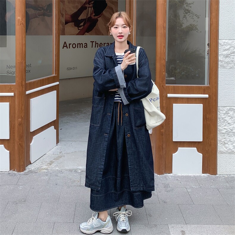 高级感单排扣设计感牛仔外套半身裙两件套女韩系气质时髦长款风衣图片