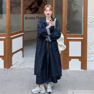 高级感单排扣设计感牛仔外套半身裙两件套女韩系气质时髦长款风衣图片