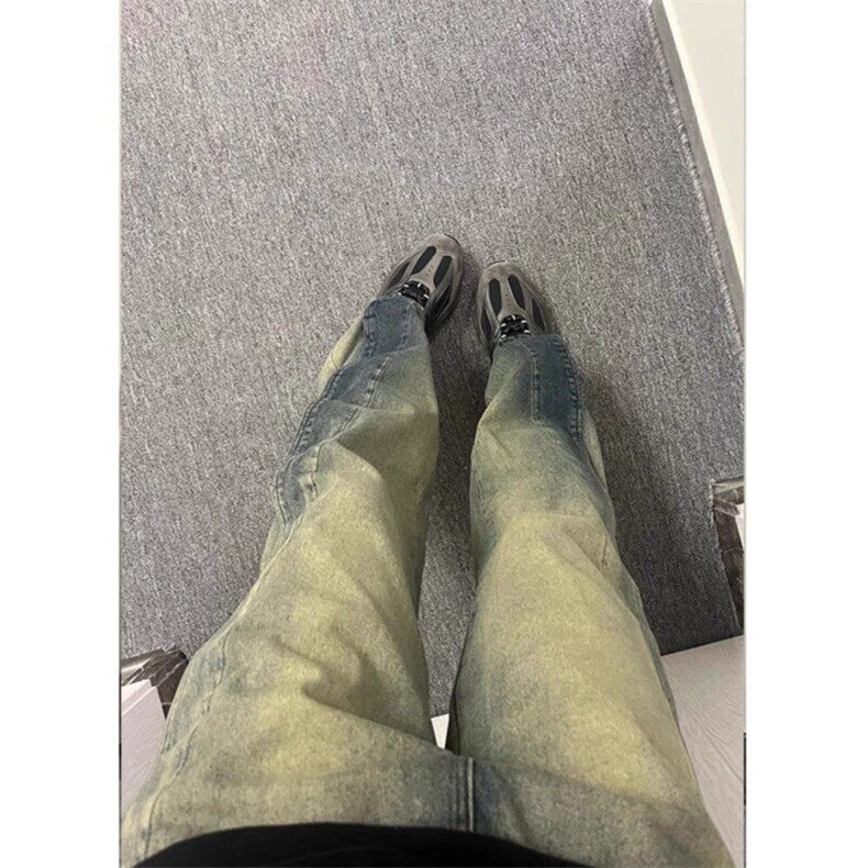 美式高街春秋季重磅牛仔裤小众设计感弯刀裤复古水洗做旧宽松直筒图片