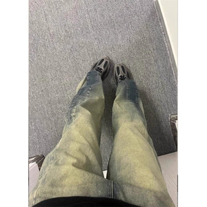 美式高街春秋季重磅牛仔裤小众设计感弯刀裤复古水洗做旧宽松直筒图片