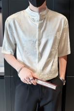 抖音夏季新中式风立领竹叶短袖衬衫男冰丝衬衣A236-0861-P55，男装衬衫，电商A236