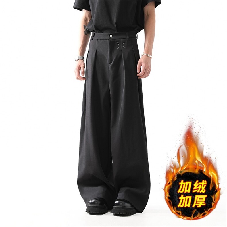 美式cleanfit黑色西裤男秋冬季垂感宽松休闲西装长裤加绒保暖裤子，男装西服套装，星座302B-2