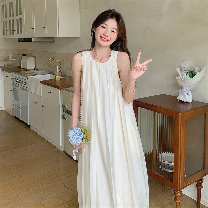 天丝麻宽松腰茧型无袖2024年夏季长裙文艺复古,女装连衣裙,诺蝶
