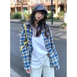 蓝色格子衬衫裤男女宽松百搭流苏设计感衬衣外套CS321,粉格双面呢格子衣里面怎么搭配图片
