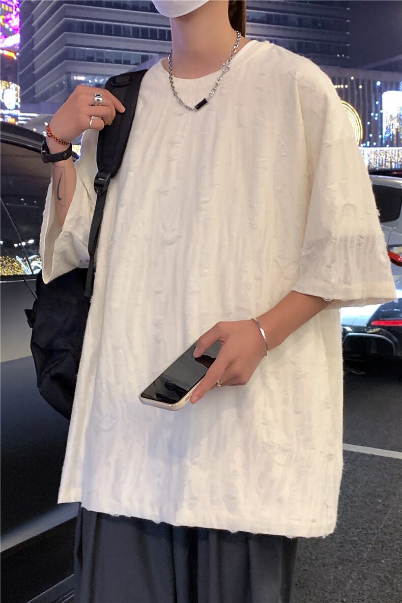 T8042/P30夏季中性风破洞短袖T恤男个性设计感大码重磅宽松上衣,男装T恤,电商A141