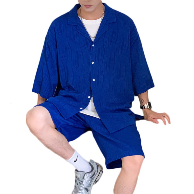 TZ65759/P75港风高品质冰丝短袖衬衫短裤套装男宽松潮两件套控108，男装休闲套装，电商A141