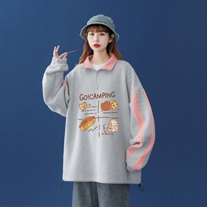 中性风 2024秋季新品港风半拉链宽松卡通印花情侣卫衣B208p55控68图片