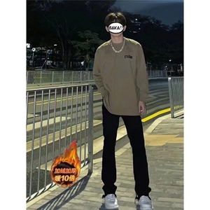 2025美式高街裤子潮牌痞帅拉链加绒时尚牛仔裤男修身直筒微喇叭裤
