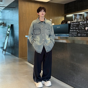 美式复古割破做旧牛仔衬衫男春秋季cleanfit宽松休闲水洗长袖外套图片