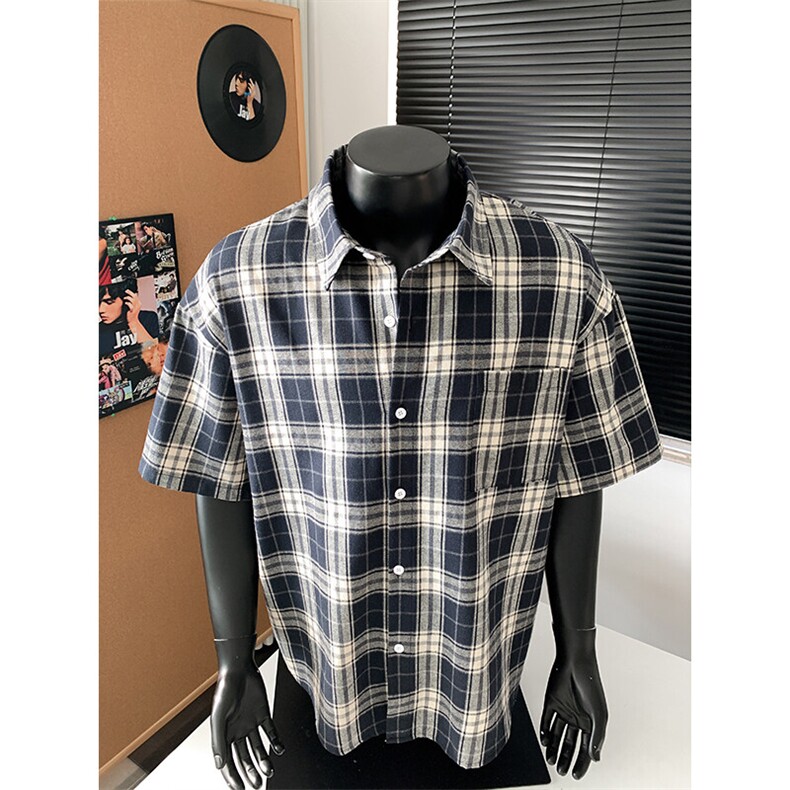 特批P25无差价夏季新款百搭休闲格子翻领短袖宽松衬衫男CD5504,男装衬衫,电商A001