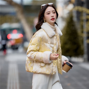2025年冬季新中式提花水貂毛一字领白鸭绒羽绒服短外套图片