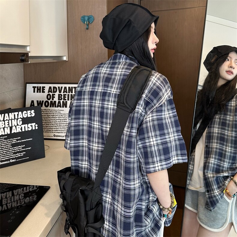 港风大码美式复古贴袋格子翻领短袖衬衫男女XZ213-CS8806-P45控58,男装T恤,星座213